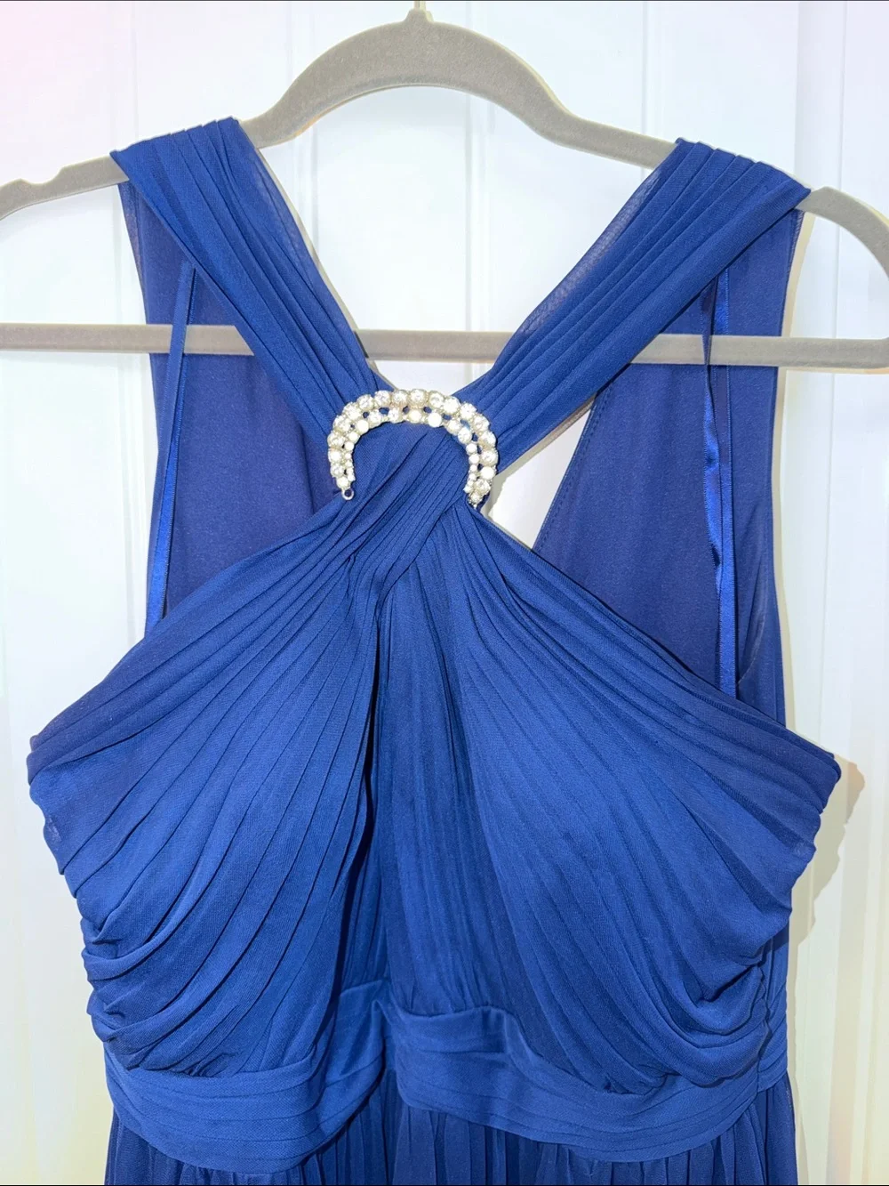 Alex Evenings Royal Blue Pleated Halter Maxi Dress with Jewel Accent size 12